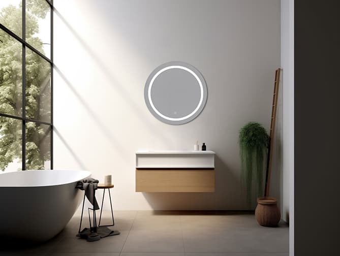 Runder Spiegel mit silbernem Rahmen und LED