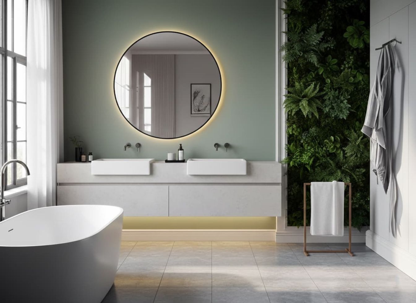 Preview: Kreisrunder Spiegel mit Alu-Rahmen schwarz und LED