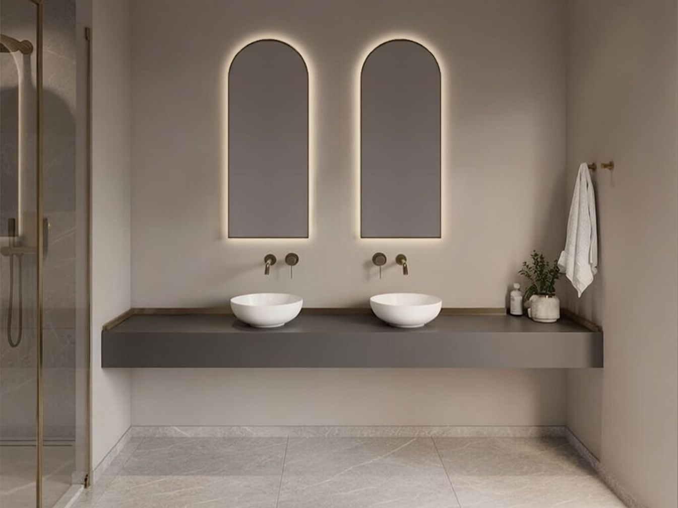 Preview: Delta Spiegel mit indirekter LED-Beleuchtung und Heizung mattgold