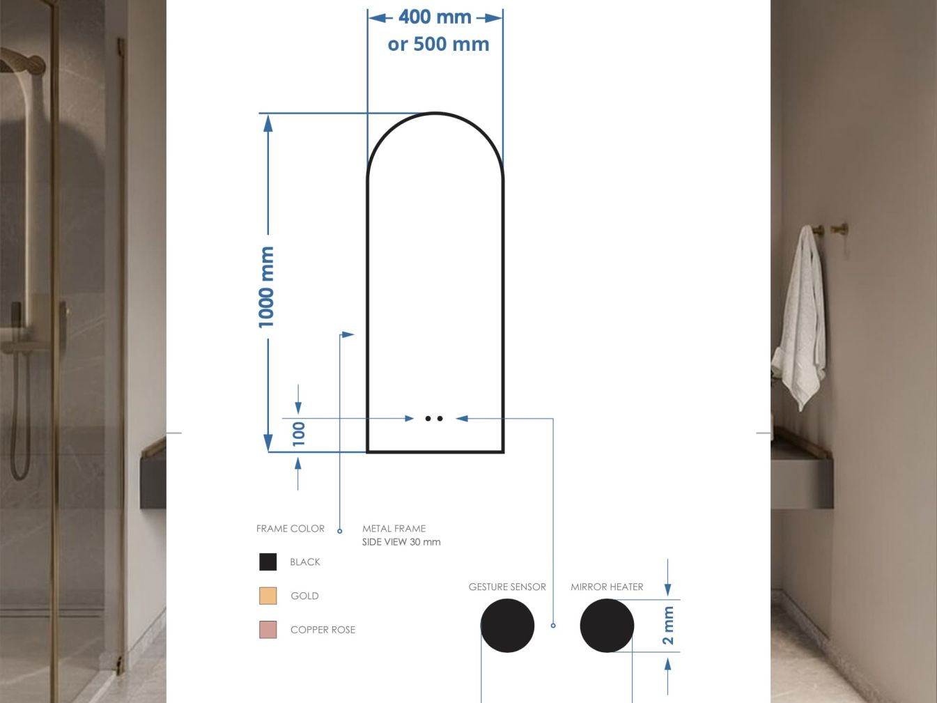 Delta Spiegel mit indirekter LED-Beleuchtung und Heizung mattgold