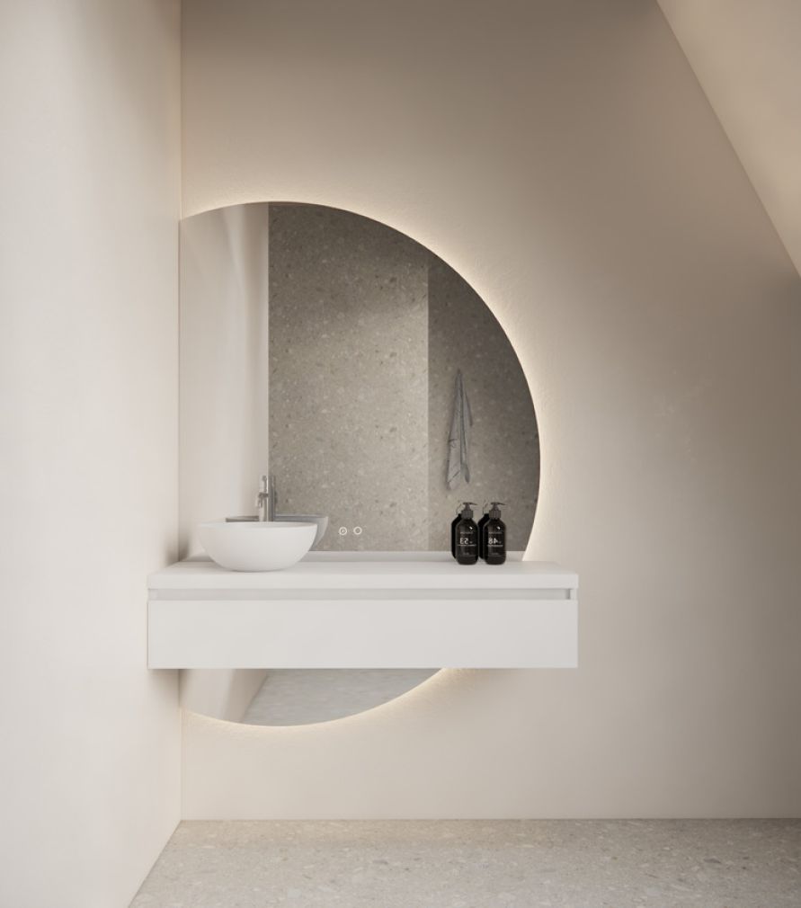 Calypso Halbmond-Badspiegel links mit LED & Heizung