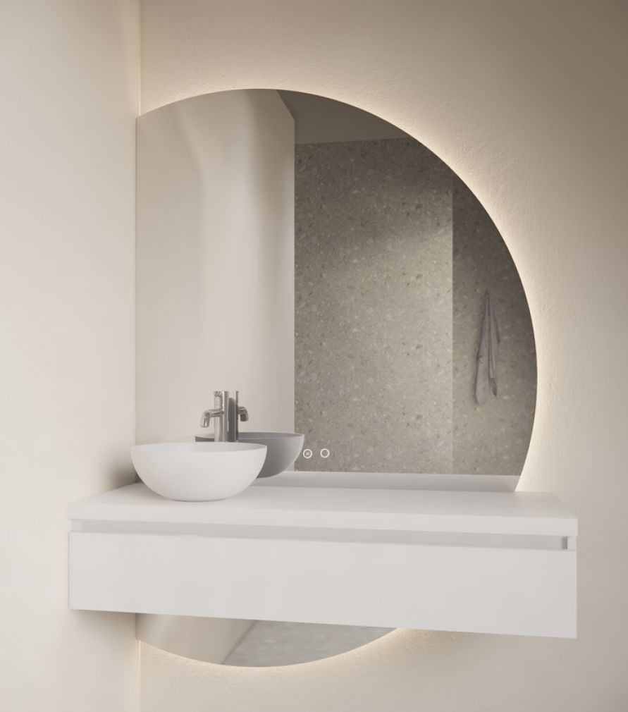 Calypso Halbmond-Badspiegel links mit LED & Heizung
