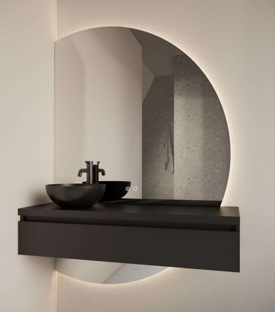 Calypso Halbmond-Badspiegel links mit LED & Heizung