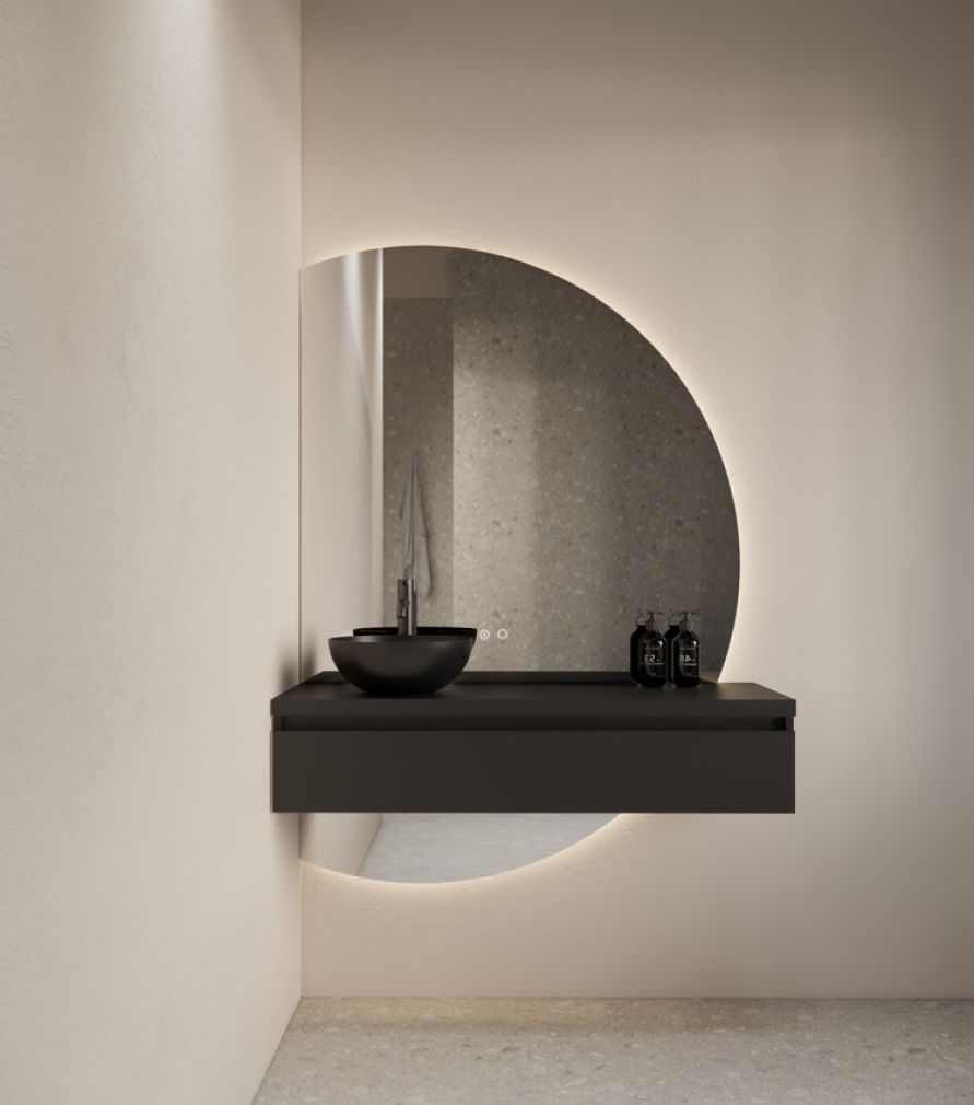 Calypso Halbmond-Badspiegel links mit LED & Heizung