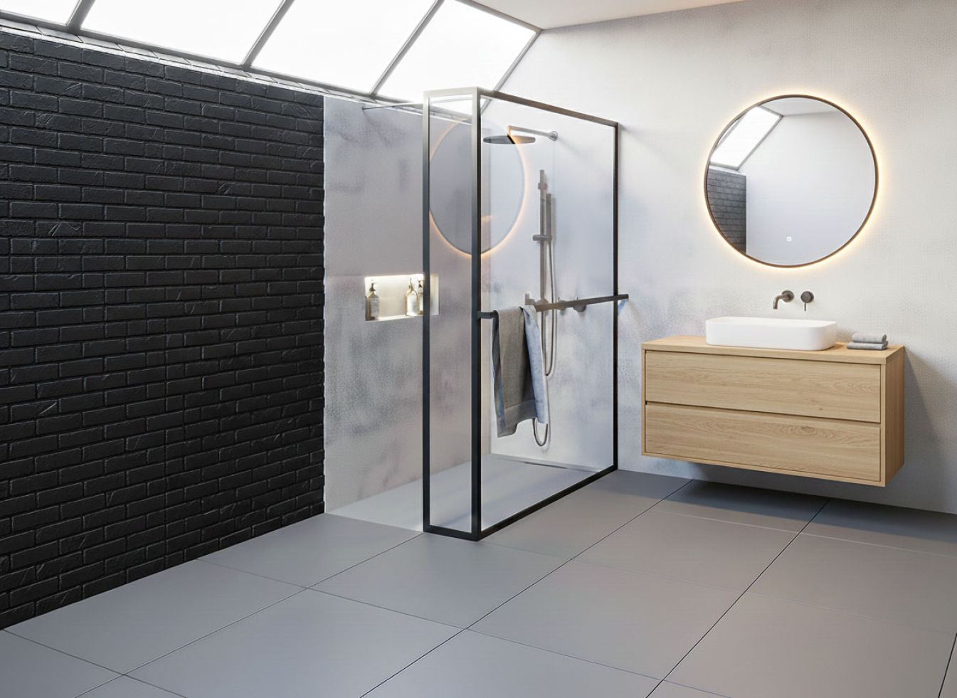 Kreisrunder Spiegel mit Alu-Rahmen schwarz mit LED und Touchsensor