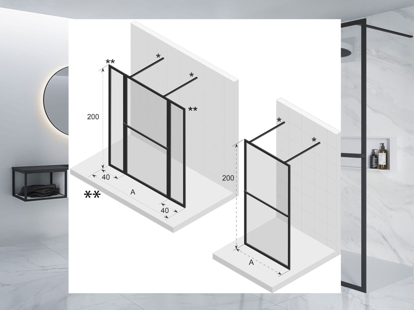 Preview: Lucid 402, feste Duschwände aus Klarglas für Walk-In-Dusche