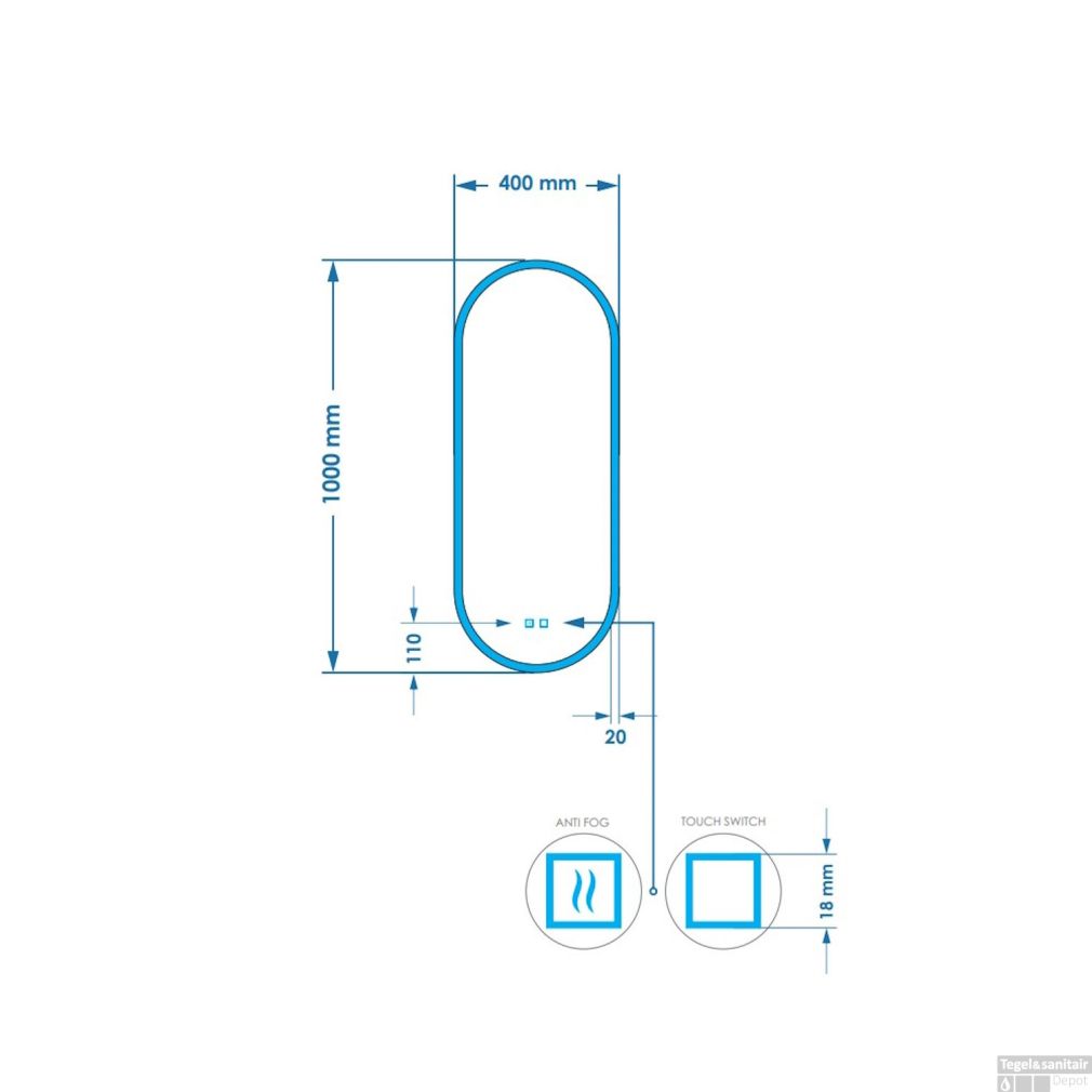 Gliss Design Orion Ovaler Vertikalspiegel mit LED-Beleuchtung und Spiegelheizung