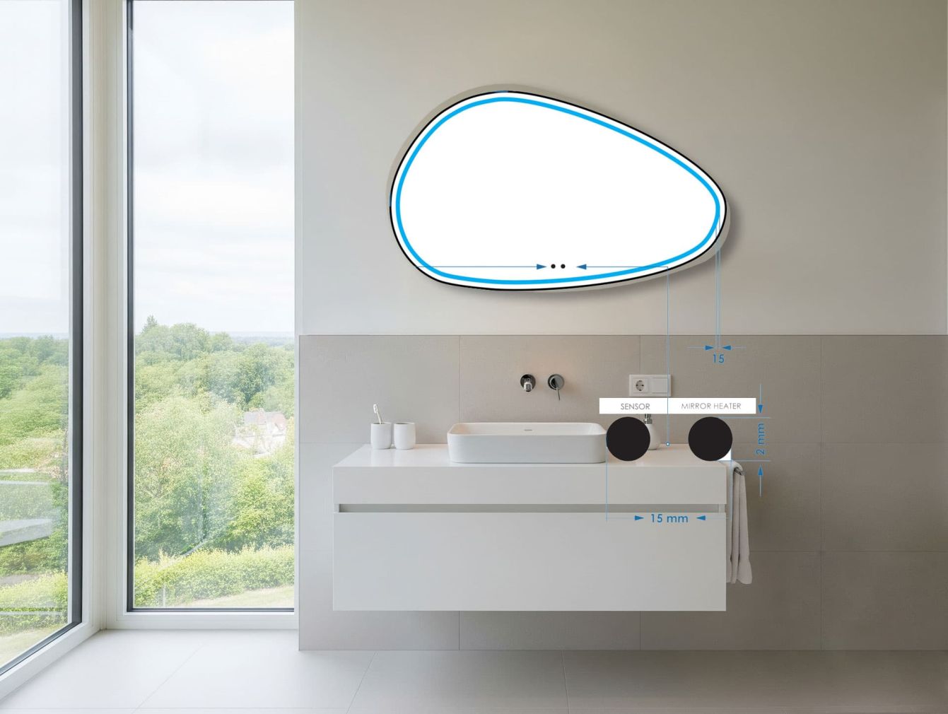 Preview: Sirius Spiegel mit indirekter LED-Beleuchtung und Heizung