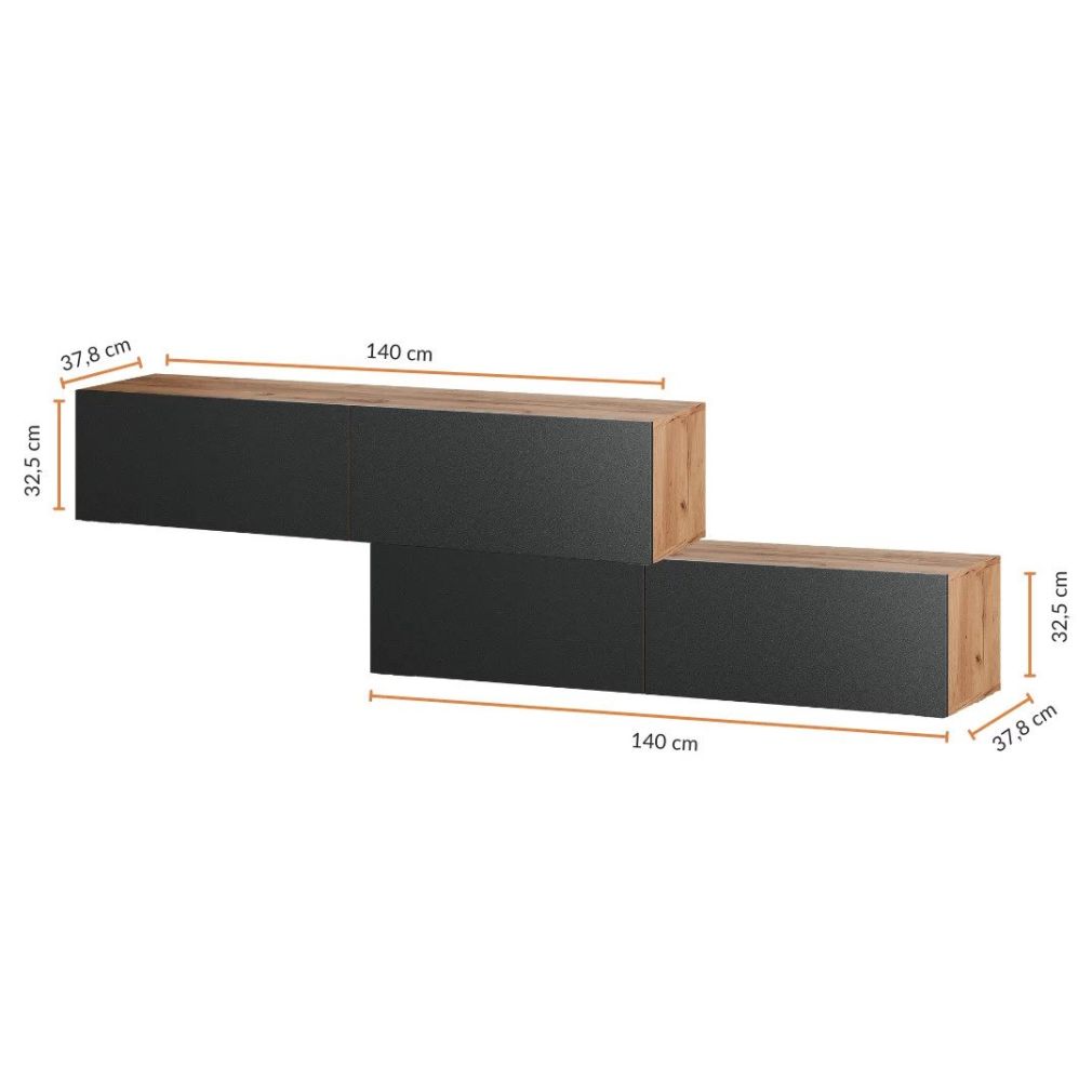 TV Lowboard 2x 140 cm Gold Eiche / Anthrazit