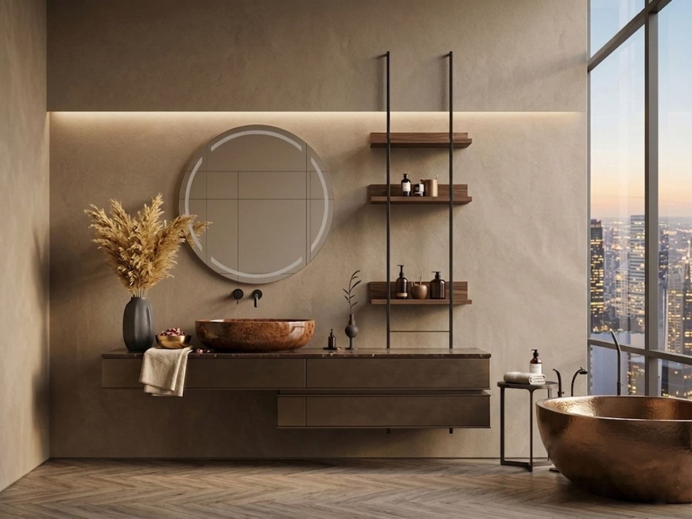 Stilvoller runder Badezimmerspiegelschrank mit einem Durchmesser von 60 / 80 oder 100 cm. Ausgestattet mit Beleuchtung und einer Spiegelheizung