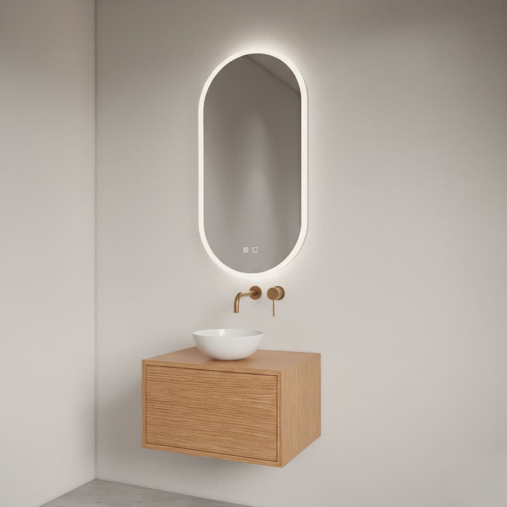 Gliss Design Orion Ovaler Vertikalspiegel mit LED-Beleuchtung und Spiegelheizung