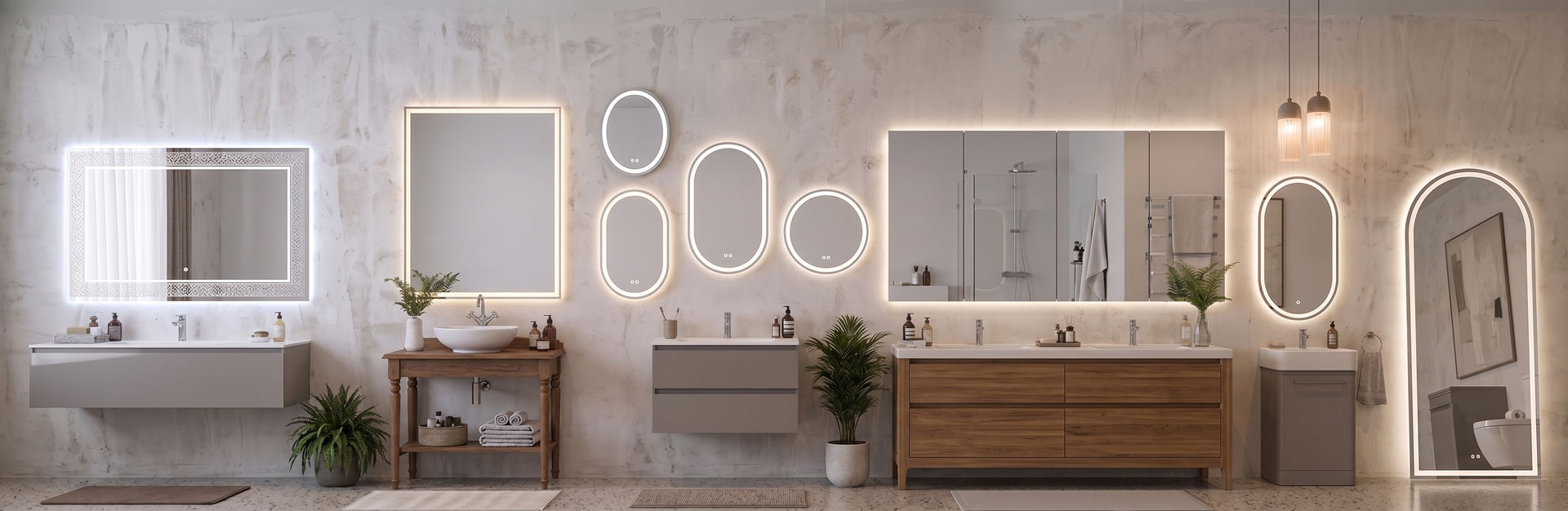 LED-badezimmerspiegel mit Hintergrundbeleuchtung in elegantem Badezimmer.